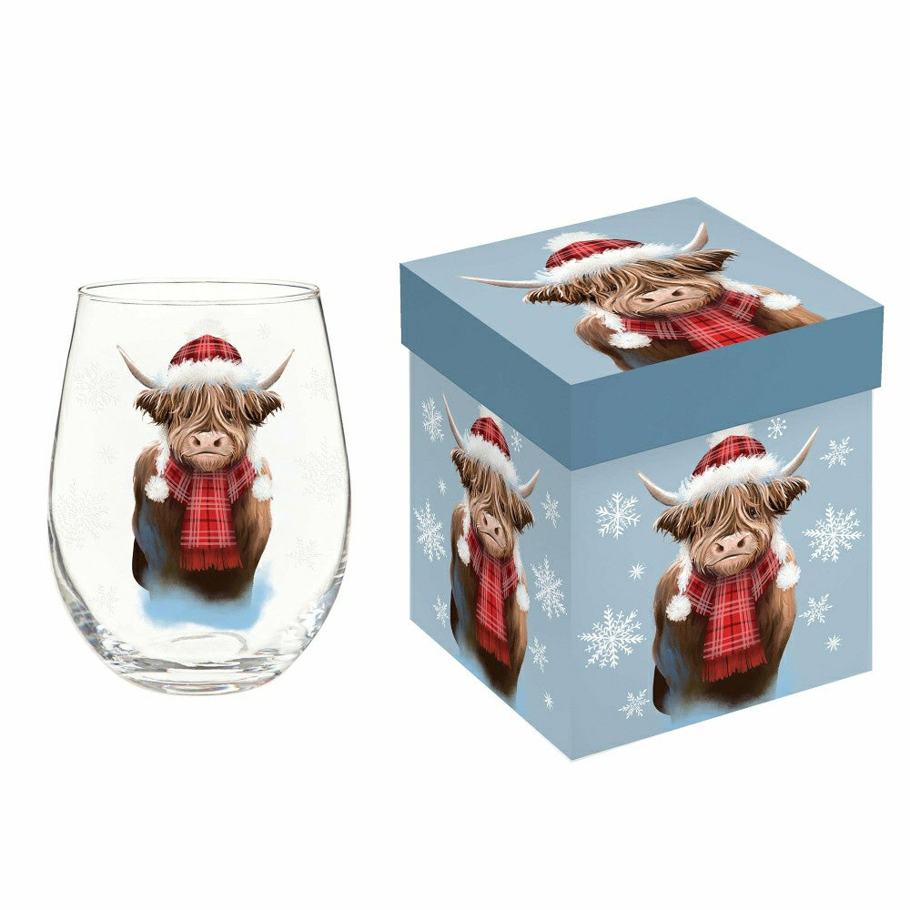 Plow & Hearth Holly Homestead Wine Glass Stemless Glass, Highland Cow, 17oz, Gift Bo