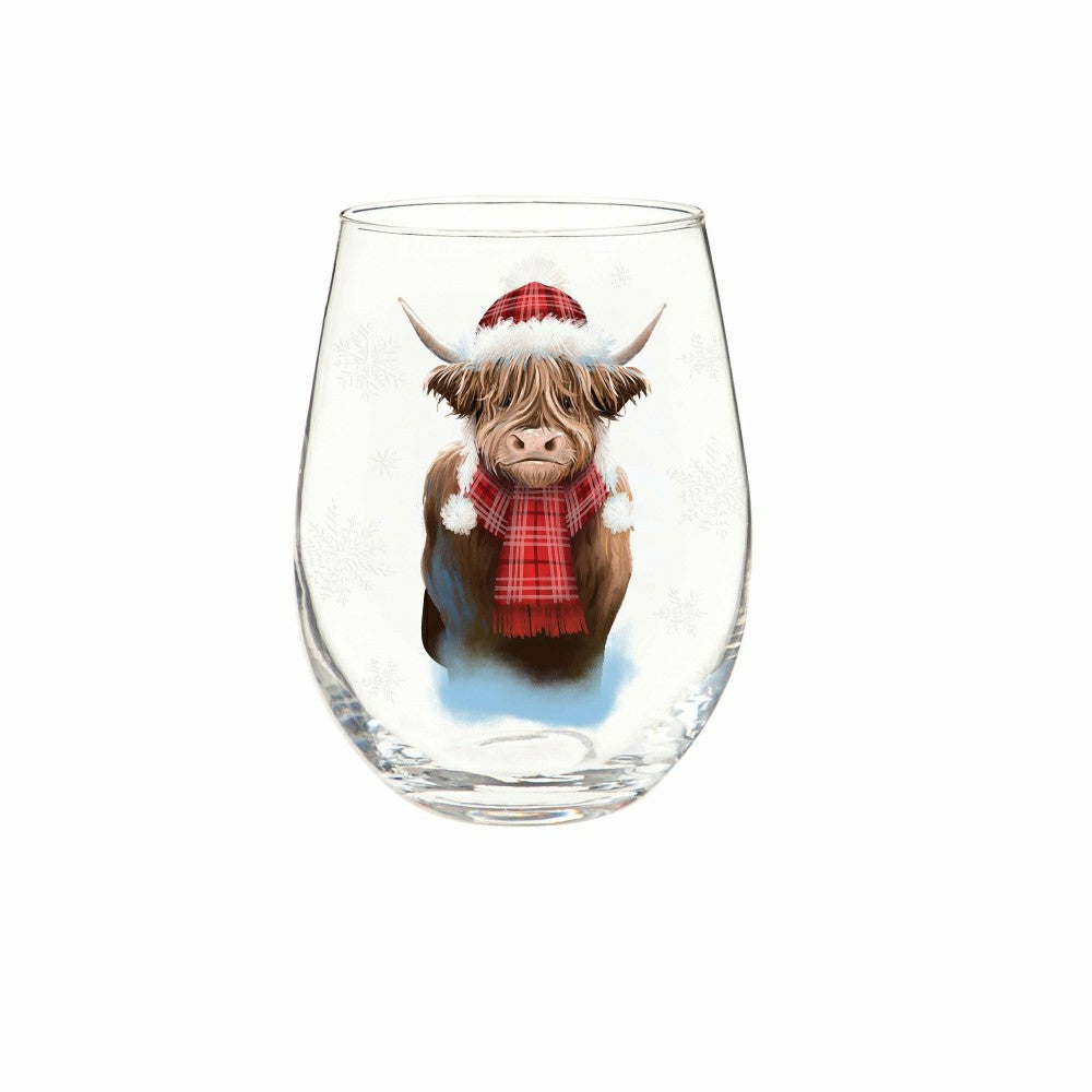 Plow & Hearth Holly Homestead Wine Glass Stemless Glass, Highland Cow, 17oz, Gift Bo