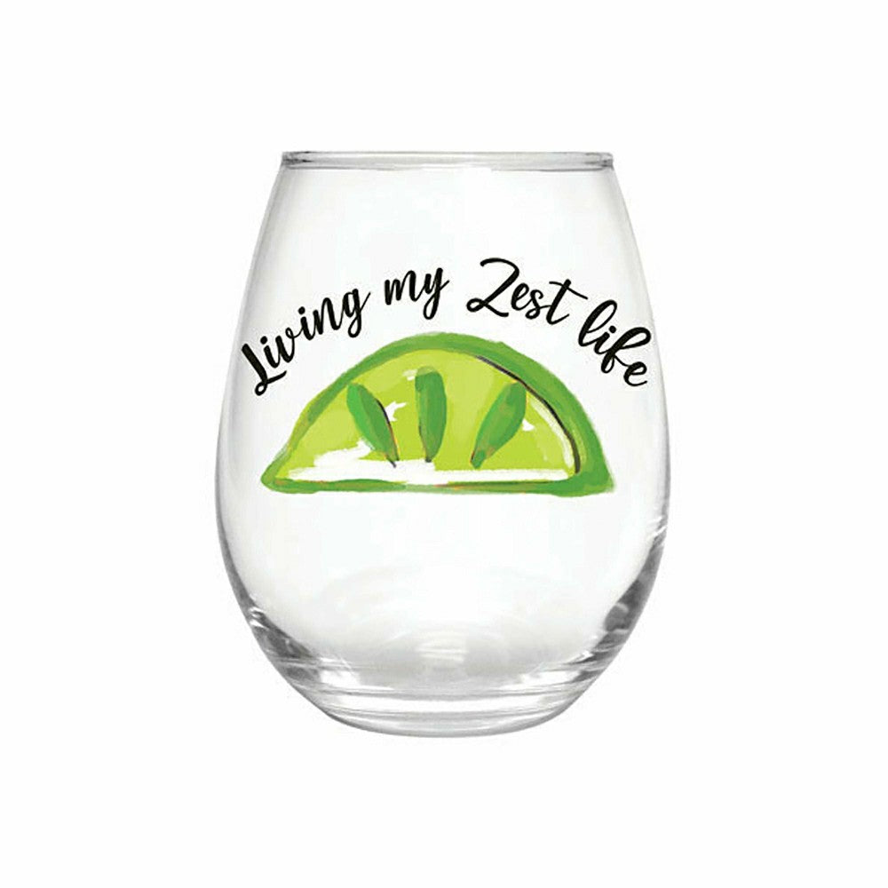 Plow & Hearth Blue Coastal Wine Glass Stemless Glass, Living My Zest Life, 17oz, Gif