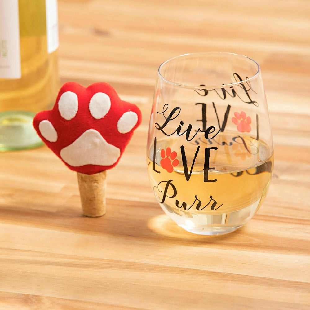 Plow & Hearth 17 OZ Stemless Glass with Paw Print Stopper, Live Love Purr, Gift Set