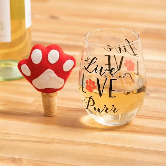 Plow & Hearth 17 OZ Stemless Glass with Paw Print Stopper, Live Love Purr, Gift Set