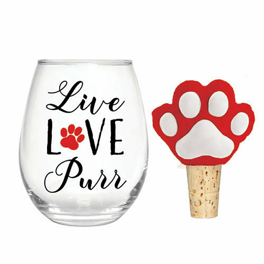 Plow & Hearth 17 OZ Stemless Glass with Paw Print Stopper, Live Love Purr, Gift Set