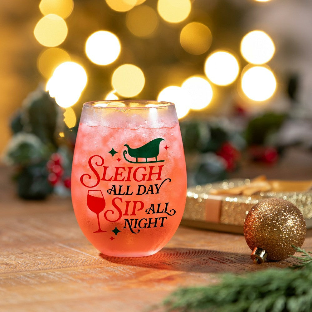 Plow & Hearth Twas The Night Wine Glass Stemless Glass, Sleigh All Day, 17oz, Gift B