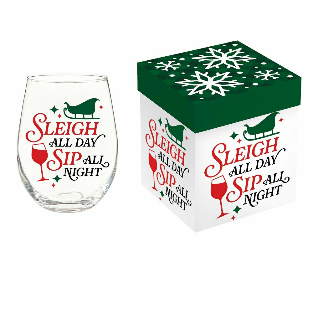 Plow & Hearth Twas The Night Wine Glass Stemless Glass, Sleigh All Day, 17oz, Gift B