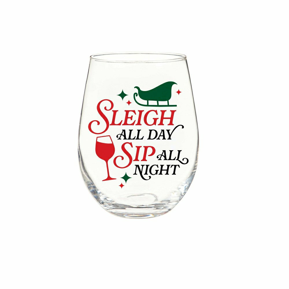 Plow & Hearth Twas The Night Wine Glass Stemless Glass, Sleigh All Day, 17oz, Gift B
