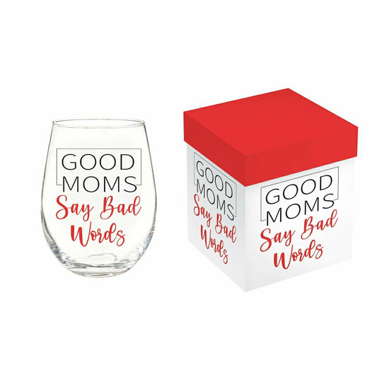 Plow & Hearth Wine Glass Stemless Glass, Good Moms, 17oz, Gift Box