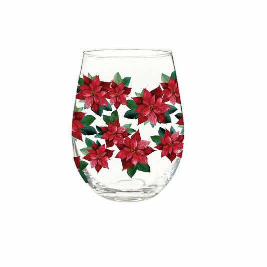 Plow & Hearth Holiday Poinsettia Wine Glass Stemless Glass, Poinsettia Bliss, 17oz,