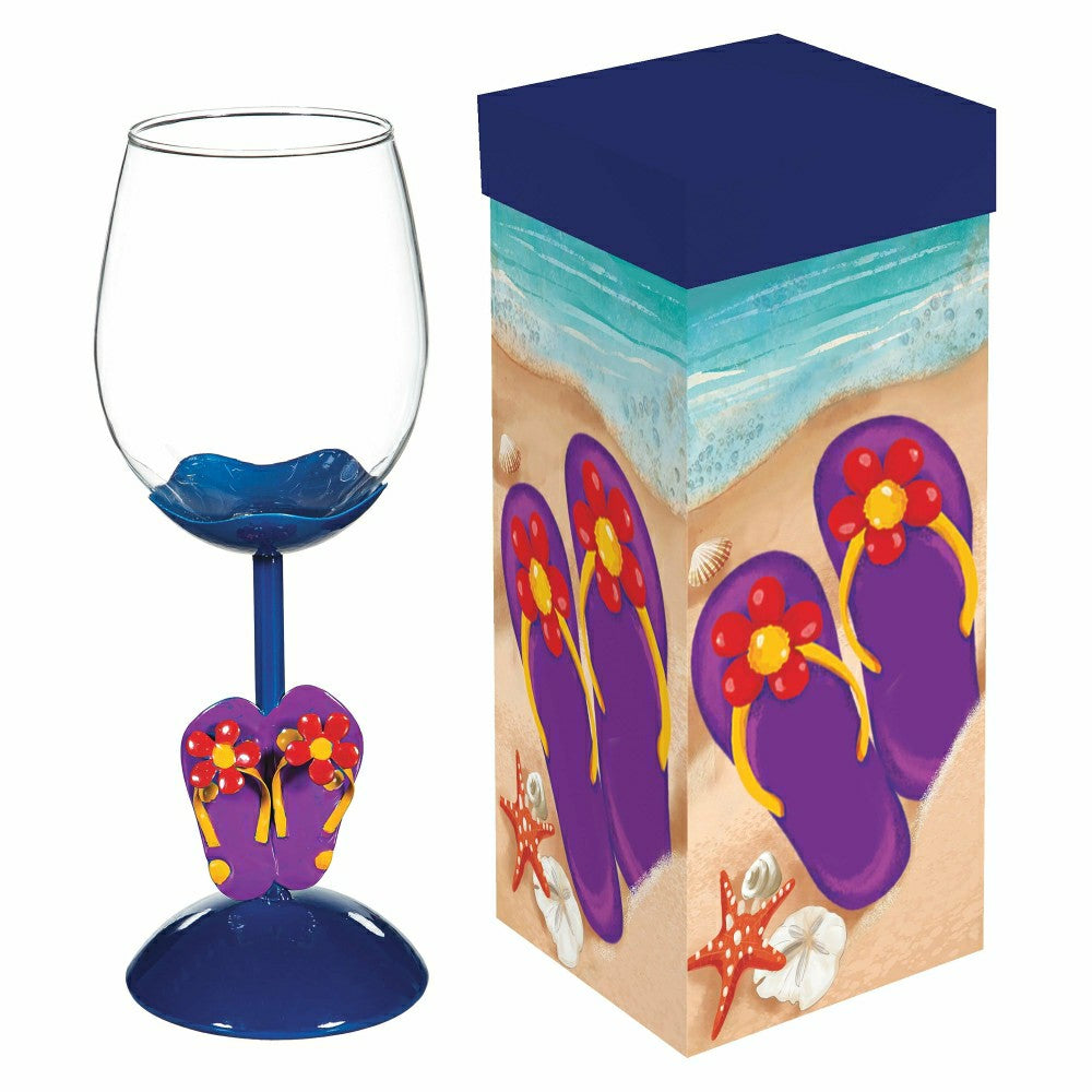 Plow & Hearth Coastal Flip Flops Wine Glass, 17oz, Gift Box