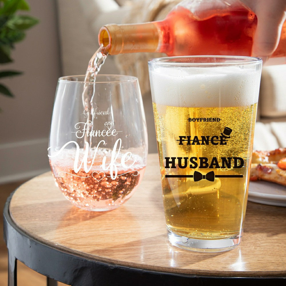 Plow & Hearth Wedding Stemless Glass and Beer Pint Giftset, 17oz and 16oz, Gift Box