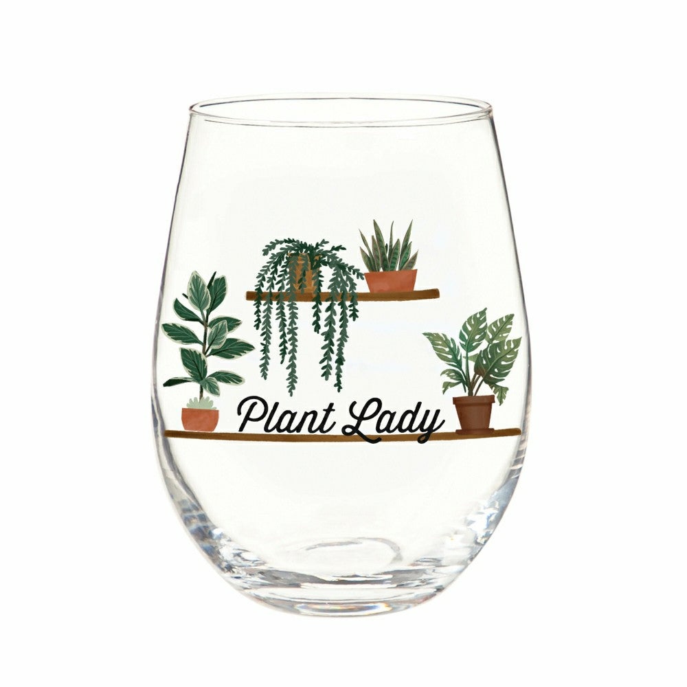 Plow & Hearth Cottage Garden Wine Glass Stemless, "Plant Lady", 17oz, Gift Box