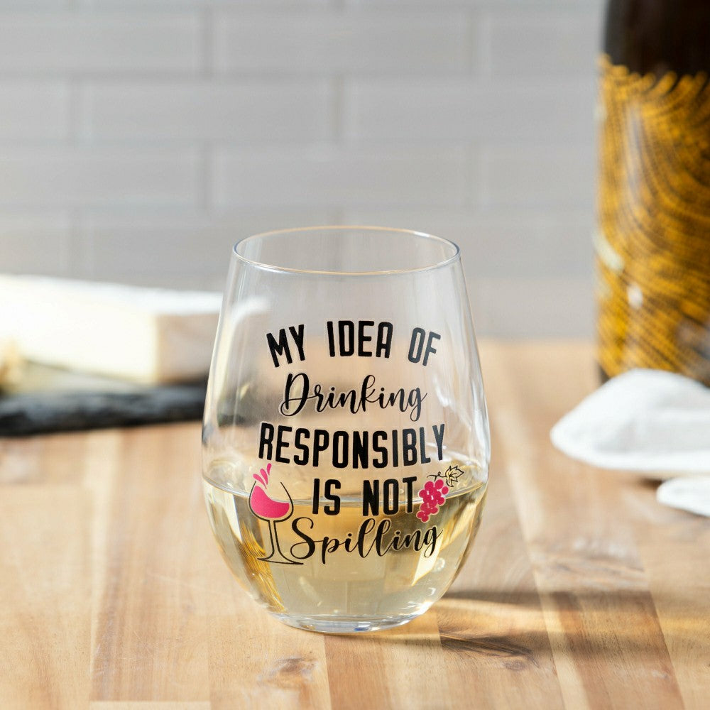 Plow & Hearth Just for Laughs Wine Glass Stemless, "My Idea of Drinking", 17oz, Gift