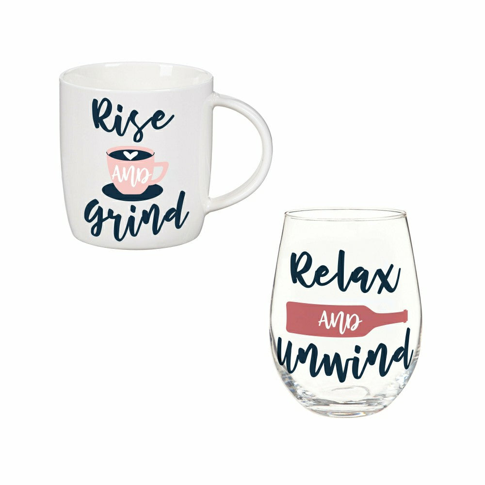 Plow & Hearth Just for Laughs Drinkware Gift Set Ceramic Cup and Wine Glass,"Relax a
