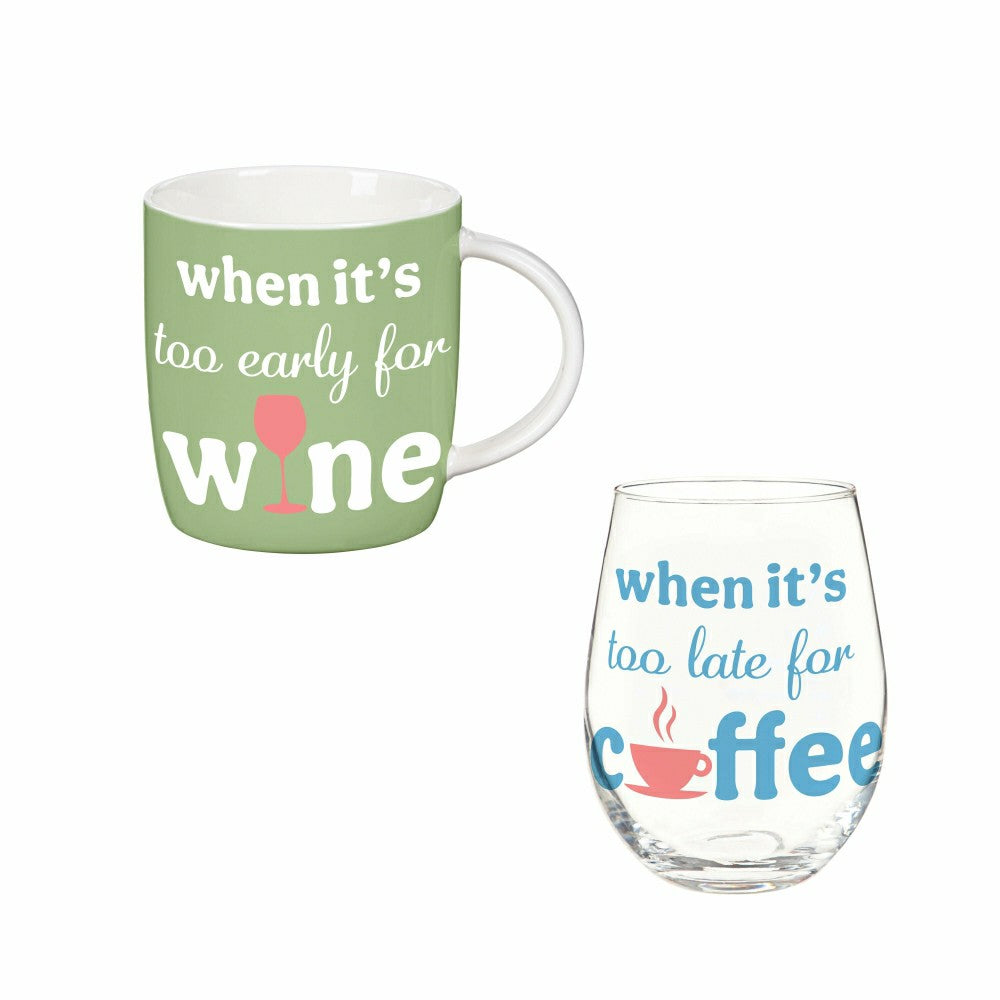 Plow & Hearth Just for Laughs Drinkware Gift Set Ceramic Cup and Stemless Glass, Whe