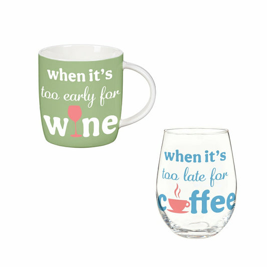 Plow & Hearth Just for Laughs Drinkware Gift Set Ceramic Cup and Stemless Glass, Whe