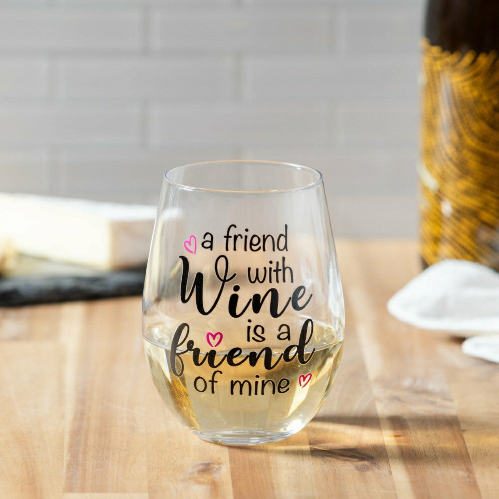 Plow & Hearth Just for Laughs Wine Glass Stemless, "A Friend with Wine is a Friend o