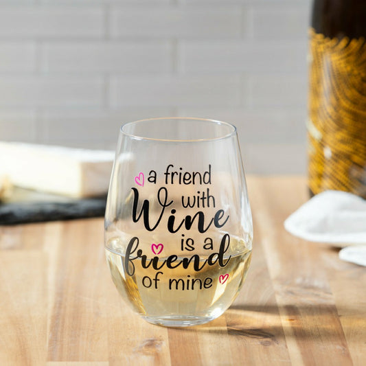 Plow & Hearth Just for Laughs Wine Glass Stemless, "A Friend with Wine is a Friend o