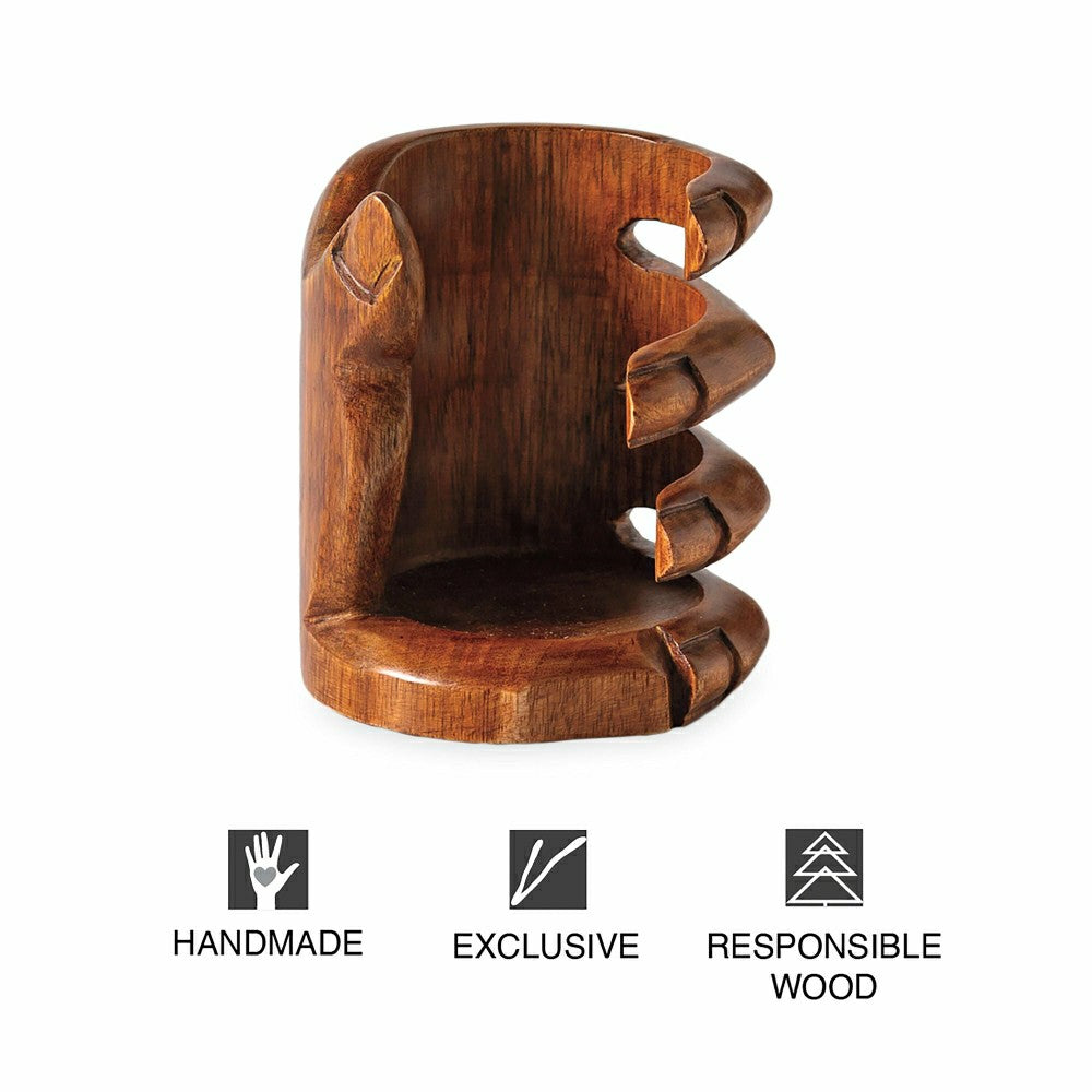 Plow & Hearth Mango Wood Hand Shaped Wine Bottle Holder