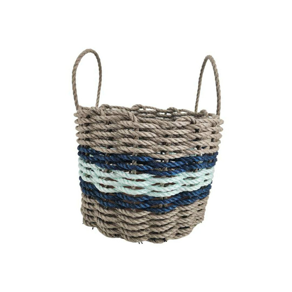 Plow & Hearth Lobster Rope Basket Tan and Seafoam, Navy Accents