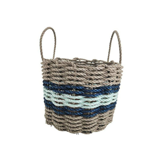 Plow & Hearth Lobster Rope Basket Tan and Seafoam, Navy Accents