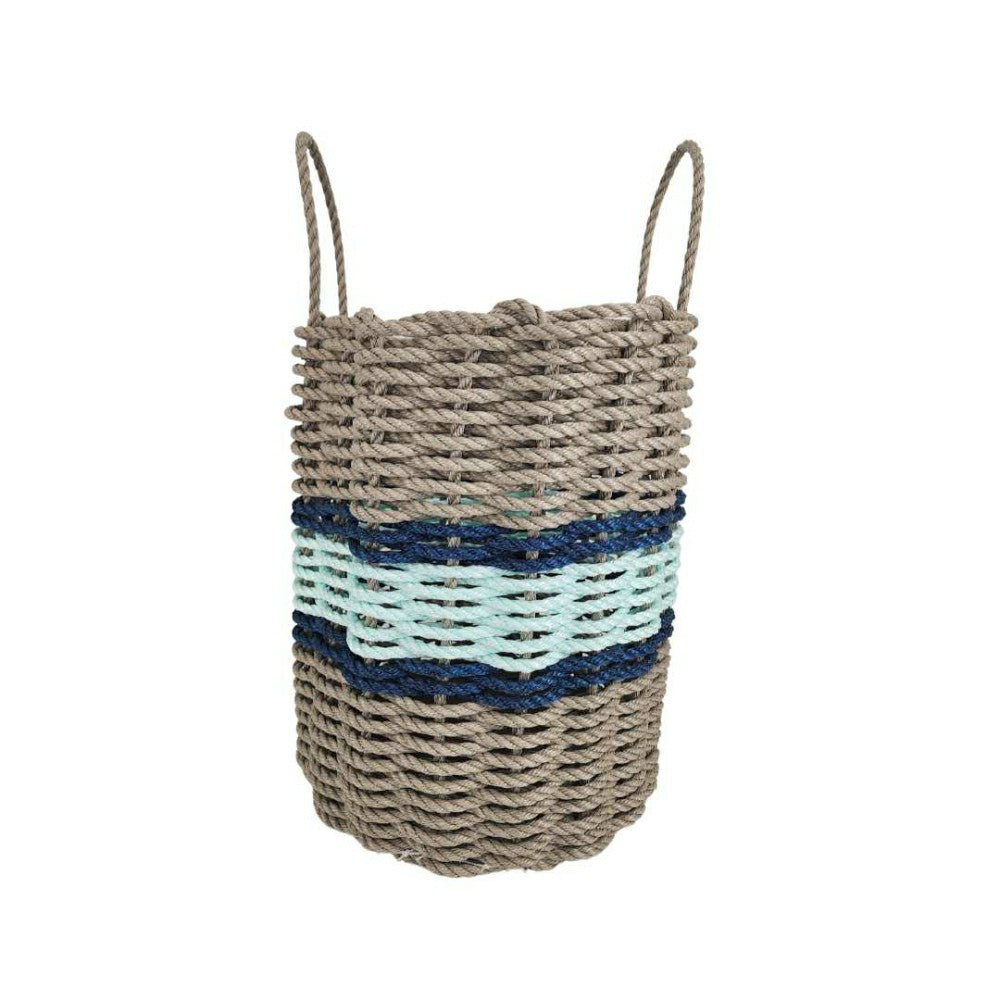 Plow & Hearth Lobster Rope Basket Tan and Seafoam, Navy Accents