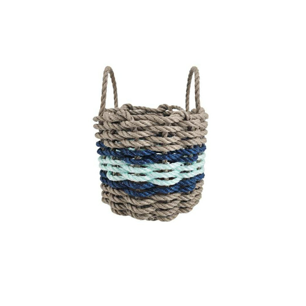Plow & Hearth Lobster Rope Basket Tan and Seafoam, Navy Accents