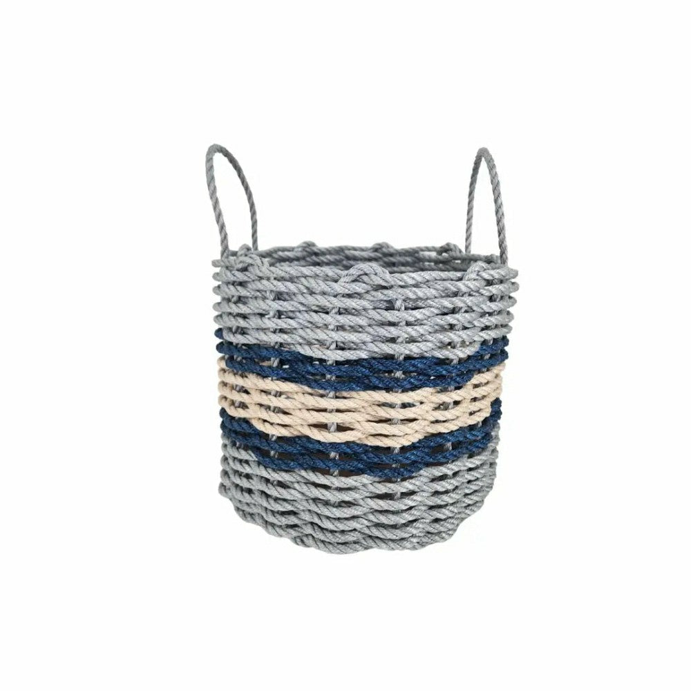 Plow & Hearth Lobster Rope Basket Light Gray and Light Tan, Navy Accents