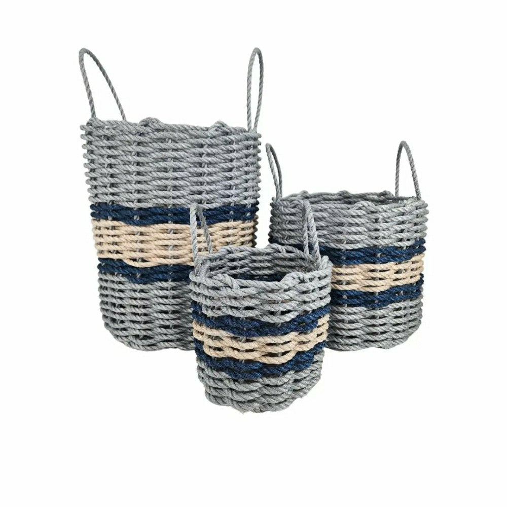 Plow & Hearth Lobster Rope Basket Light Gray and Light Tan, Navy Accents