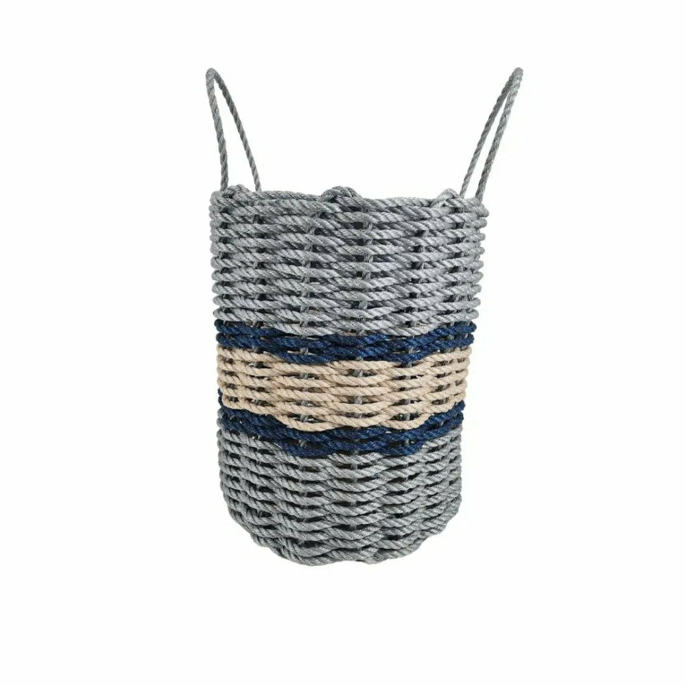 Plow & Hearth Lobster Rope Basket Light Gray and Light Tan, Navy Accents