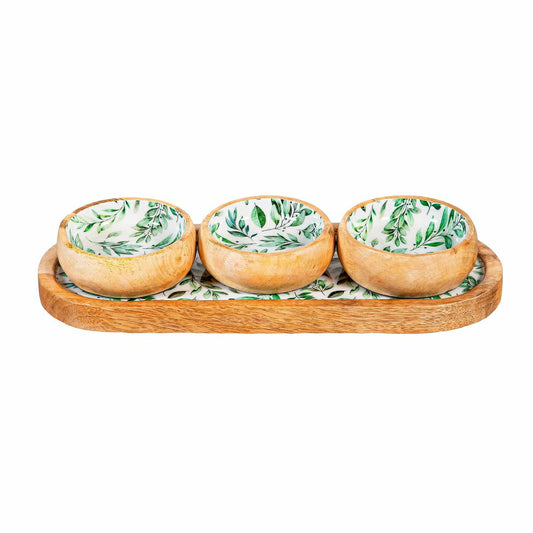 Plow & Hearth Olive Oasis 3-Section Wood Server with Bowls, 13"L