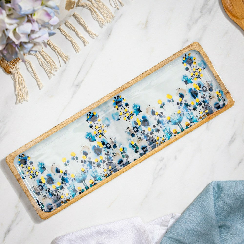 Plow & Hearth VivaStyle Gilded Meadow Serveware, Rectangular Wood Serving Tray, 18"L