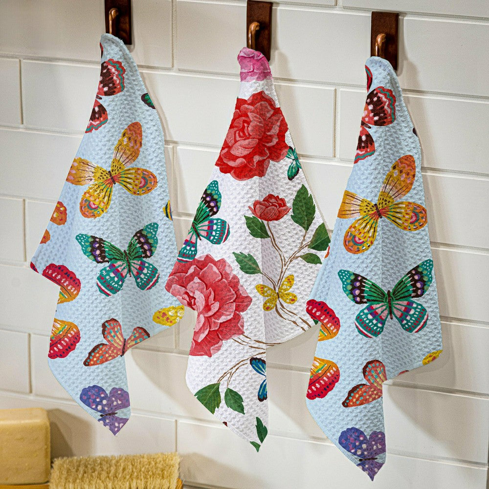 Plow & Hearth Butterfly Toile Quick Dry Dish Cloth, Set of 3, 10" x 10"