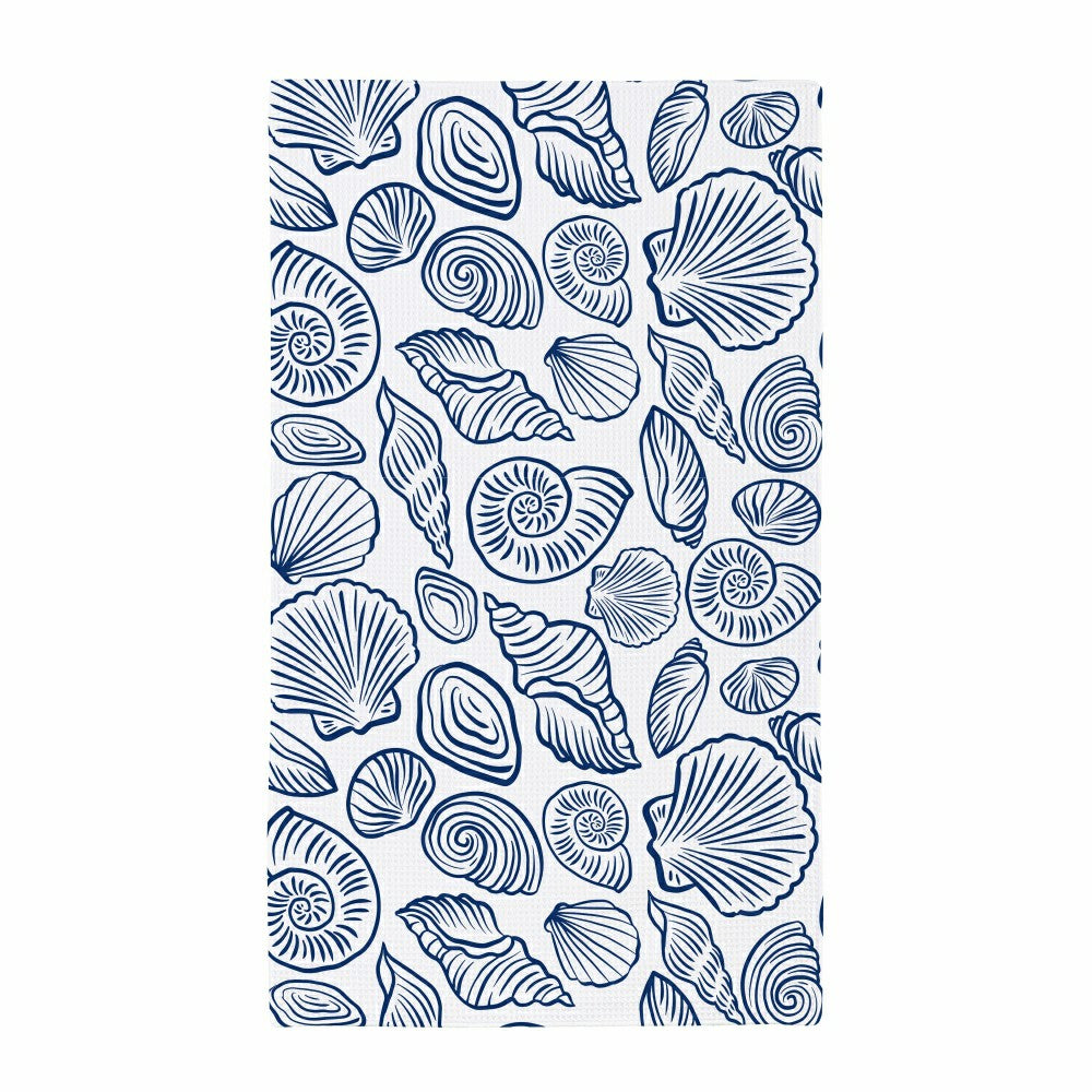 Plow & Hearth Blue Coastal Kitchen Towel Quick Dry Waffle Weave Double-Sided, Shells
