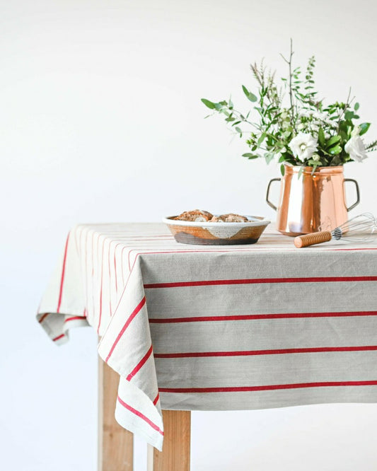 Plow & Hearth Red Stripe Linen Tablecloth