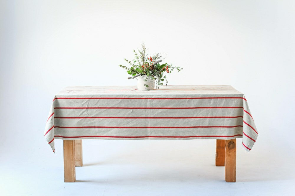 Plow & Hearth Red Stripe Linen Tablecloth