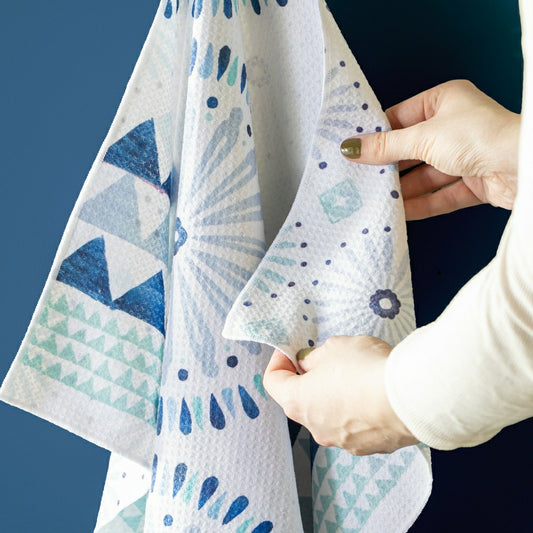 Plow & Hearth Blue Coastal Kitchen Towel Quick Dry Waffle Weave, Double-Sided, Shibo