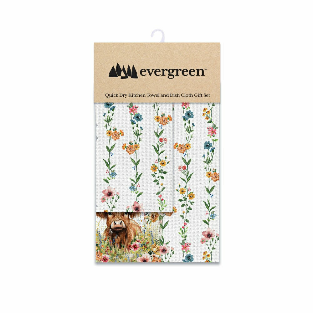 Plow & Hearth Petal & Plow Kitchen Gift Set Quick Dry Waffle Weave Double-Sided, Farm Highland Cow, Set of 3
