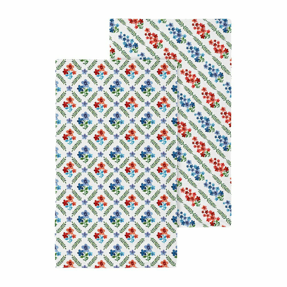 Plow & Hearth Red, White, & Bloom Kitchen Towel Quick Dry Waffle Weave Double-Sided,