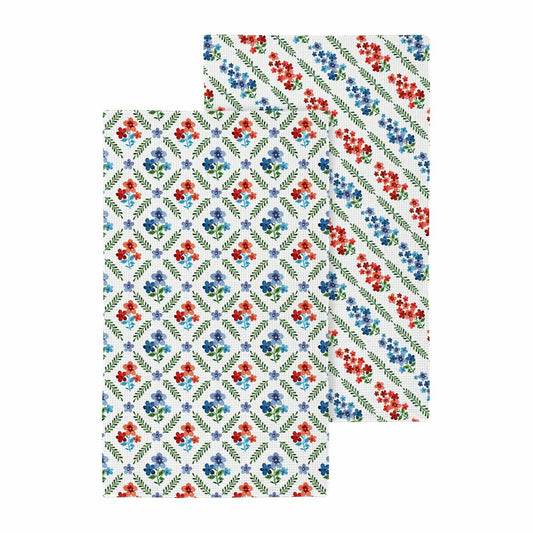 Plow & Hearth Red, White, & Bloom Kitchen Towel Quick Dry Waffle Weave Double-Sided,