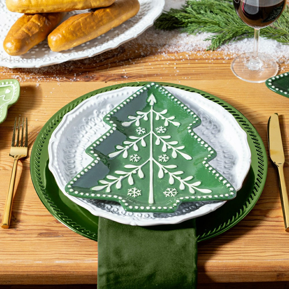 Plow & Hearth Shades of Green Tree Shaped 9.5" Embossed Ceramic Salad Plate, Set of