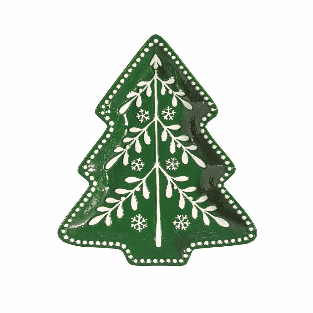 Plow & Hearth Shades of Green Tree Shaped 9.5" Embossed Ceramic Salad Plate, Set of