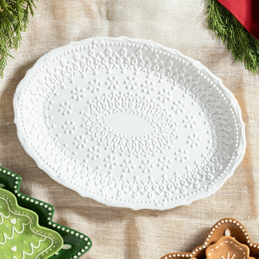 Plow & Hearth Shades of Emerald Platter Embossed Ceramic Serving Platter, 14"L x 9"W
