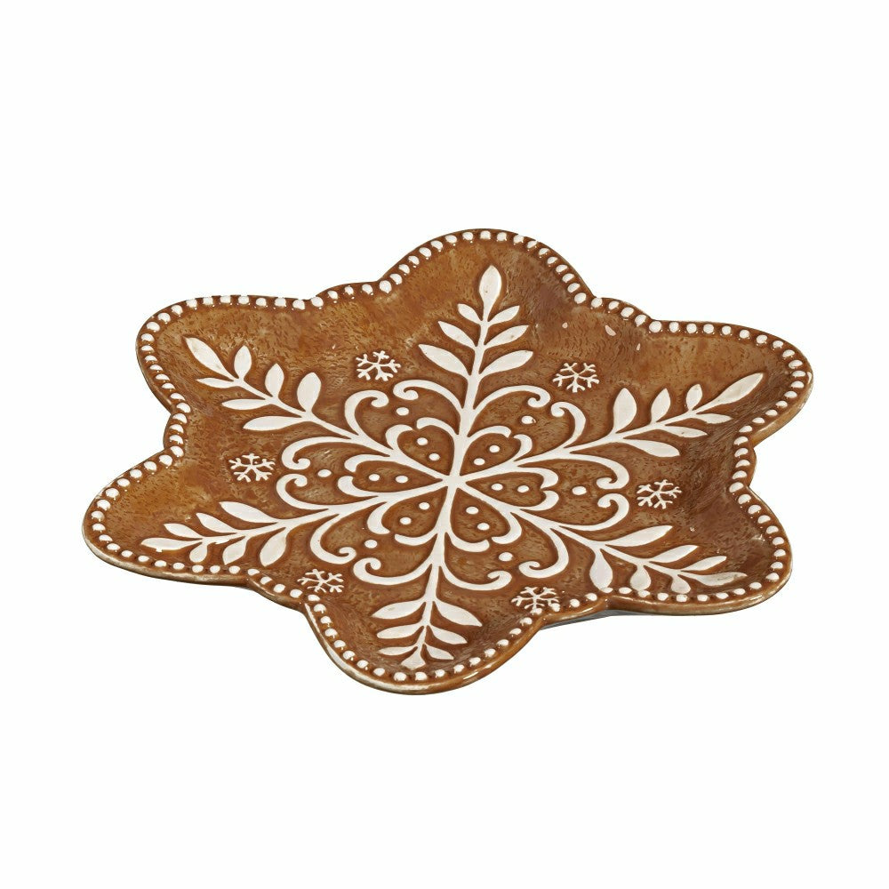 Plow & Hearth Baking Spirits Bright Gingerbread Snowflake Shaped 9" Embossed Ceramic