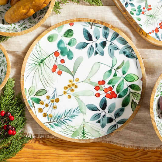 Plow & Hearth VivaStyle Platter, Round Wood Platter, Festive Foliage, 14"L