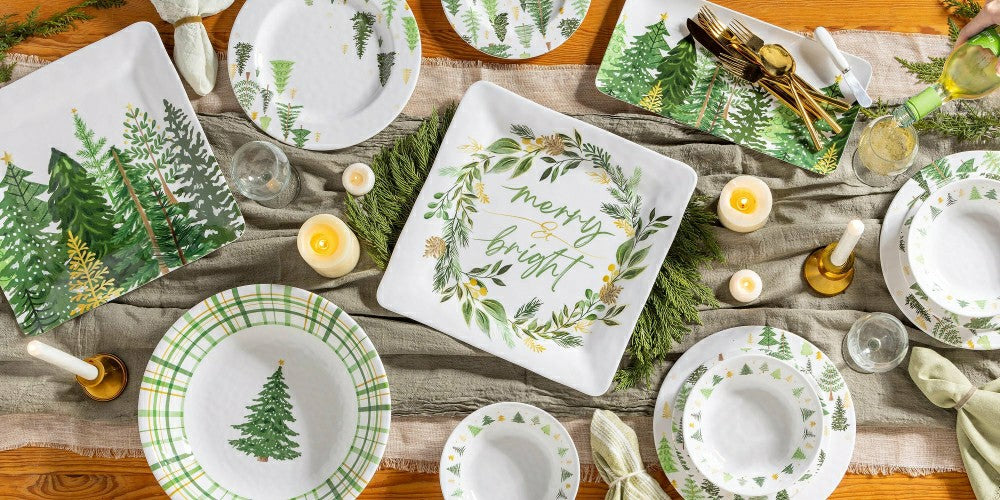 Plow & Hearth Shades of Green 13.5" Evergreens Platter, Set of 4