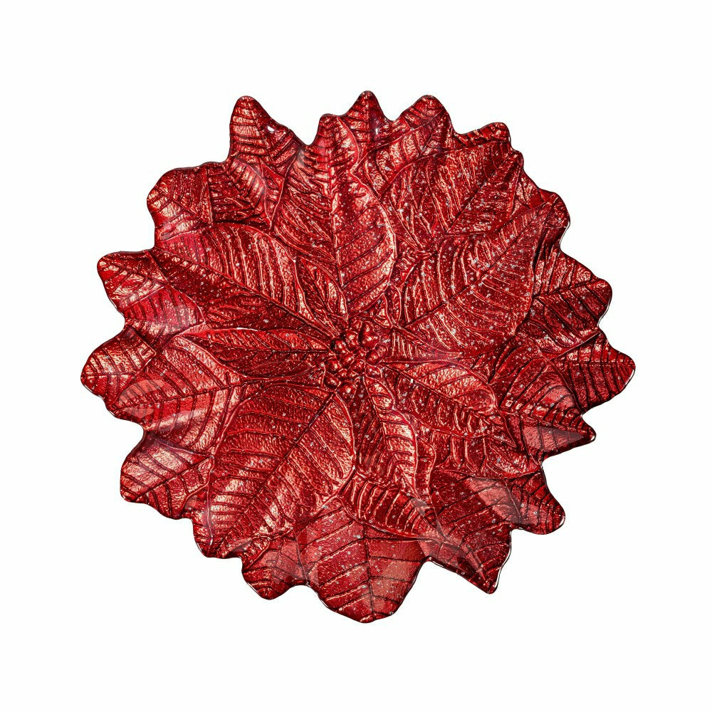 Plow & Hearth Feels Like The Holidays Plate Glass Poinsettia Serving Dish, 12"