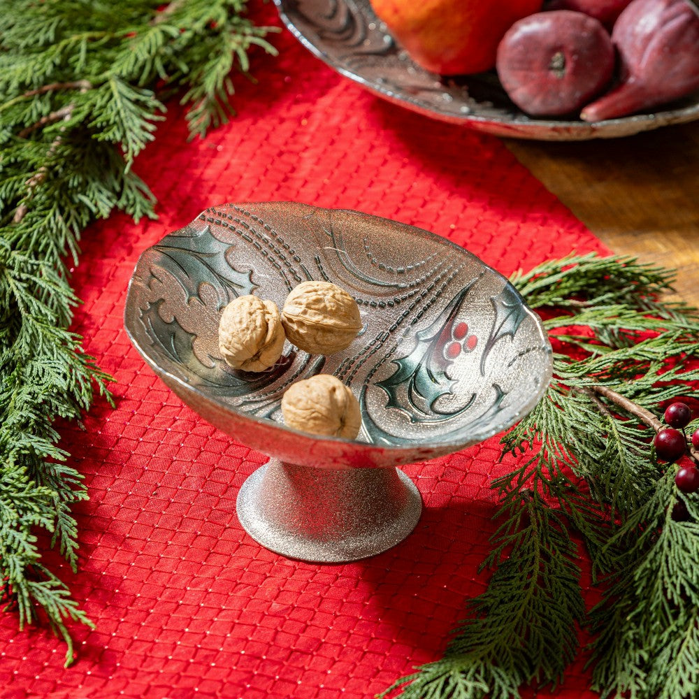 Plow & Hearth Joyful Traditions Bowl Glass Holly and Berries Footed Bowl, 8.25"L