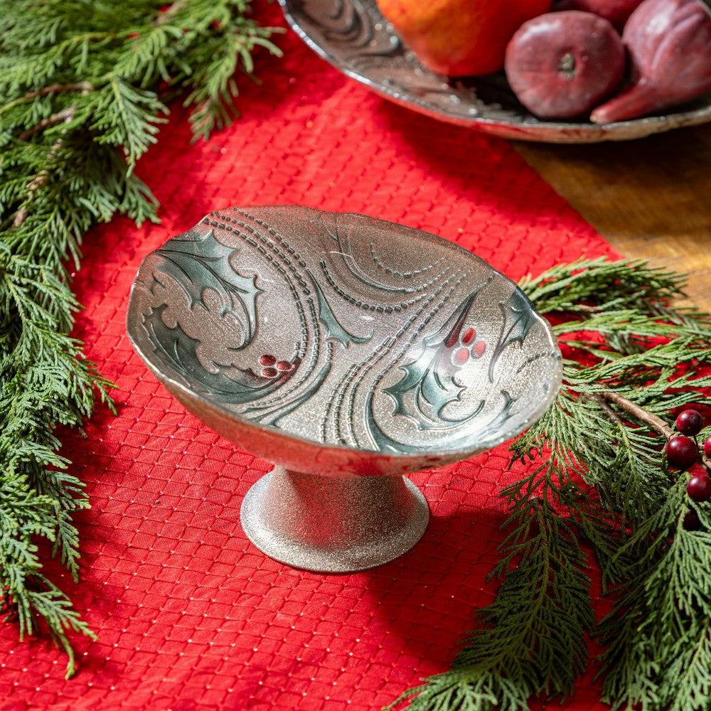 Plow & Hearth Joyful Traditions Bowl Glass Holly and Berries Footed Bowl, 8.25"L