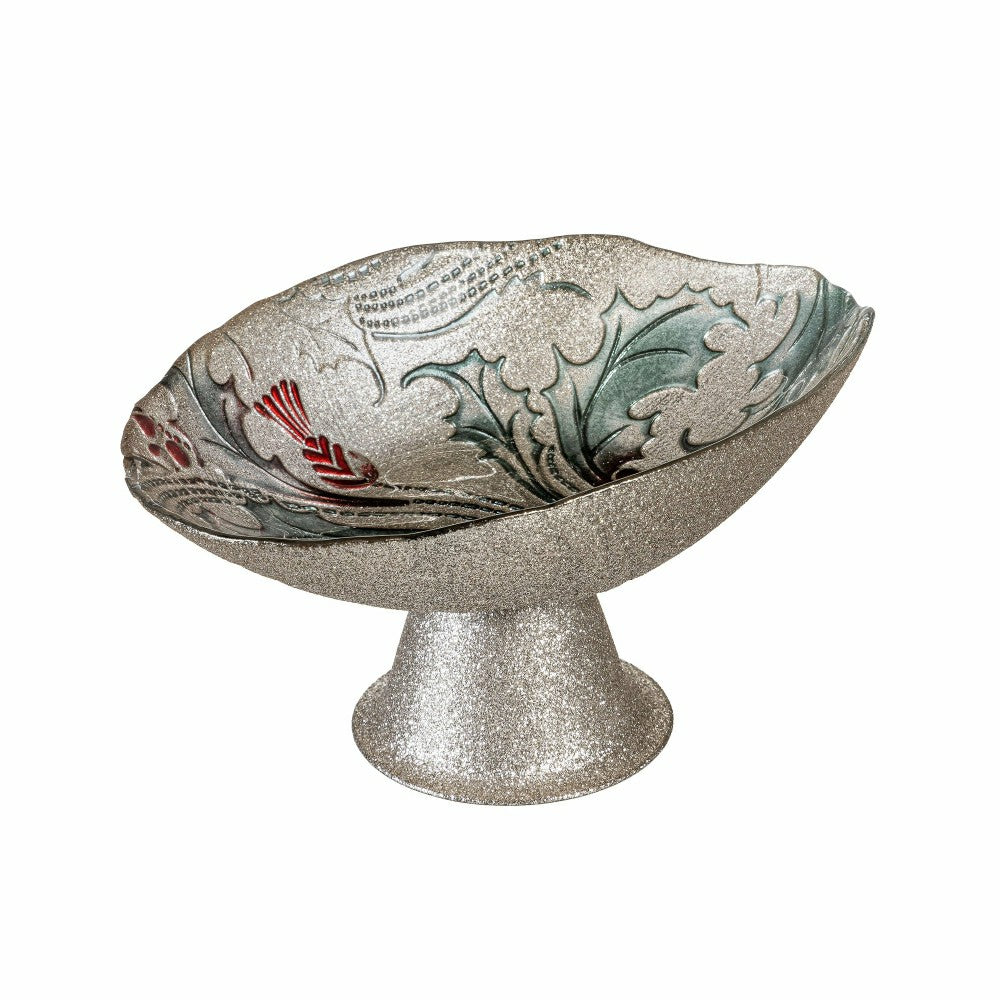 Plow & Hearth Joyful Traditions Bowl Glass Holly and Berries Footed Bowl, 8.25"L