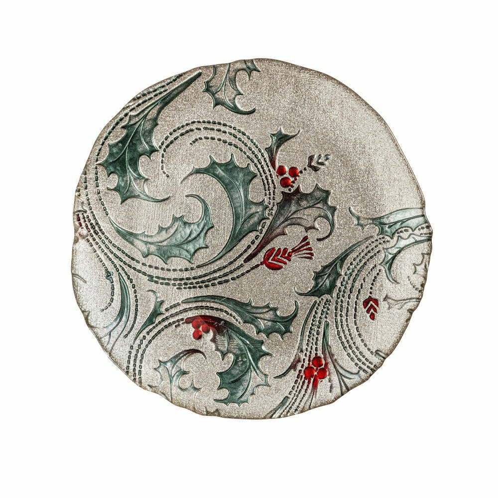 Plow & Hearth Joyful Traditions Holly and Berries 10.5" Glass Dinner Plate, Set of 6