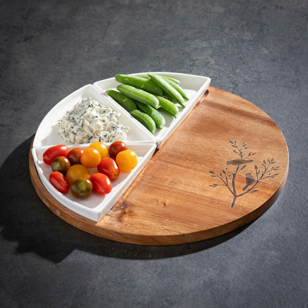 Plow & Hearth VivaStyle Serveware, Wood & Ceramic 3-Dish Server, 12", Set